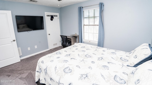 bedroom with carpet, a textured ceiling, and a closet