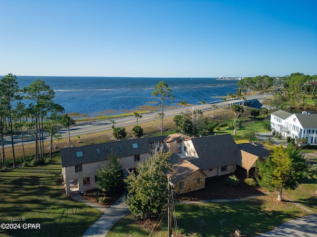 drone / aerial view with a water view