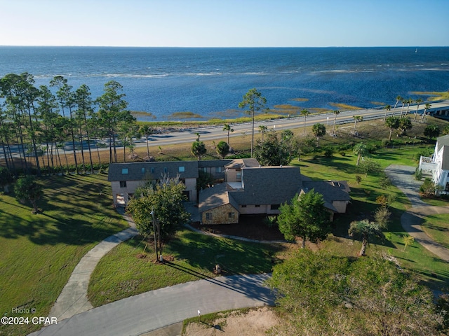 drone / aerial view featuring a water view