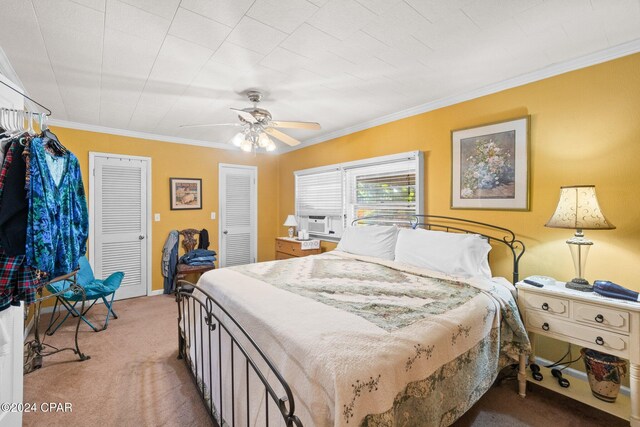 bedroom with multiple closets, carpet floors, ceiling fan, and ornamental molding