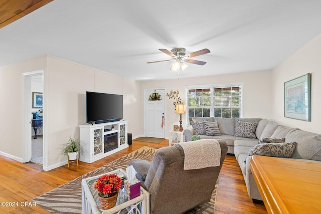 living room with ceiling fan and hardwood / wood-style floors