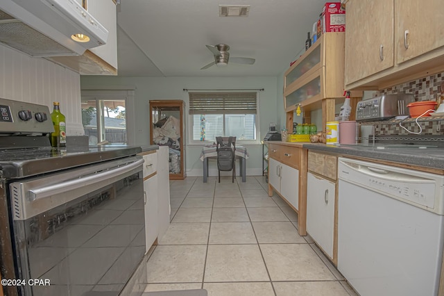 kitchen featuring tasteful backsplash, electric stove, ceiling fan, light tile patterned floors, and white dishwasher