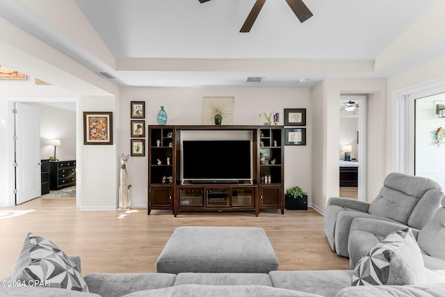 living room with a tray ceiling and light hardwood / wood-style flooring