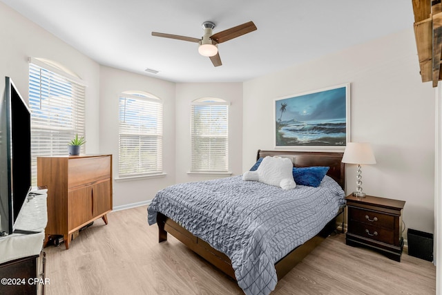 bedroom featuring light wood-type flooring and ceiling fan