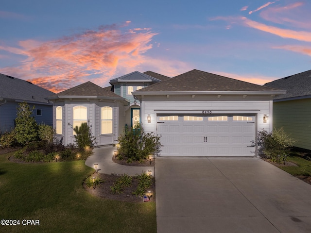 prairie-style home with a yard and a garage