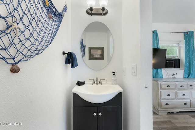 bathroom with hardwood / wood-style flooring and vanity