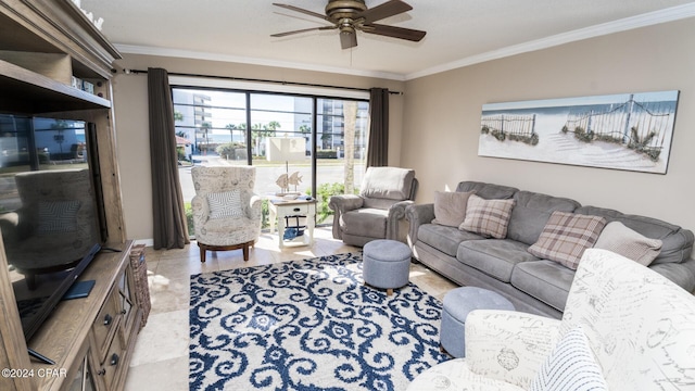 tiled living room with ceiling fan and crown molding