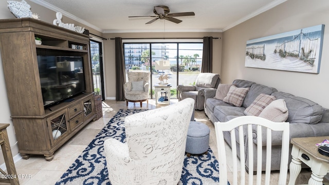 tiled living room featuring ceiling fan and crown molding