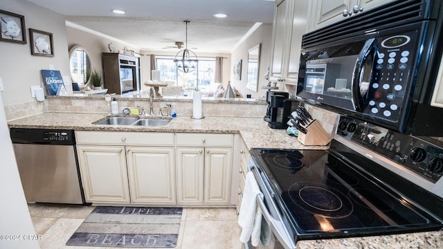 kitchen featuring light stone countertops, crown molding, sink, electric range, and dishwasher