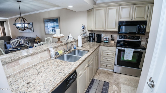 kitchen with appliances with stainless steel finishes, ornamental molding, sink, cream cabinets, and a chandelier