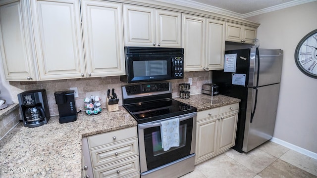 kitchen featuring stainless steel appliances, light stone counters, backsplash, light tile patterned floors, and ornamental molding