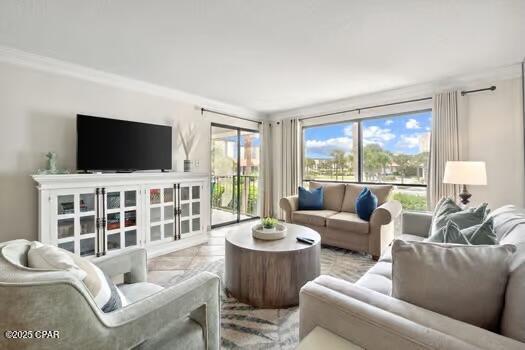 living room featuring ornamental molding