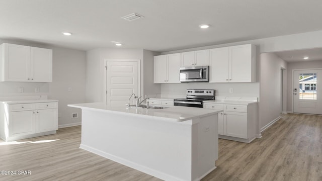 kitchen featuring white cabinets, appliances with stainless steel finishes, a kitchen island with sink, and sink