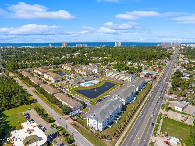 drone / aerial view with a water view