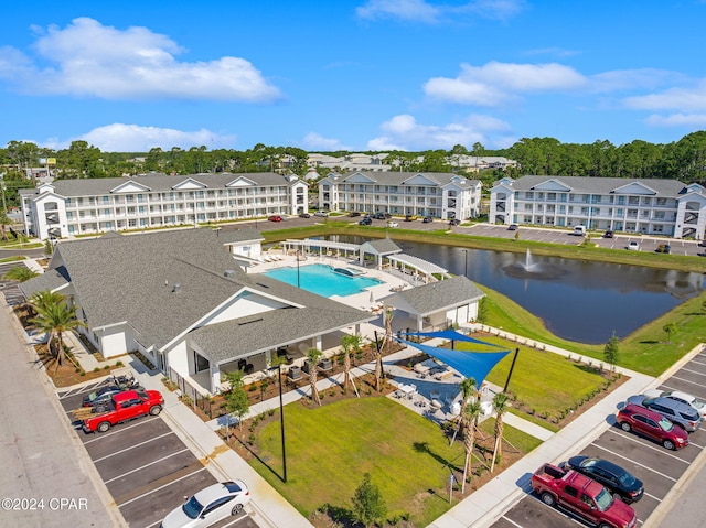 aerial view featuring a water view and a residential view