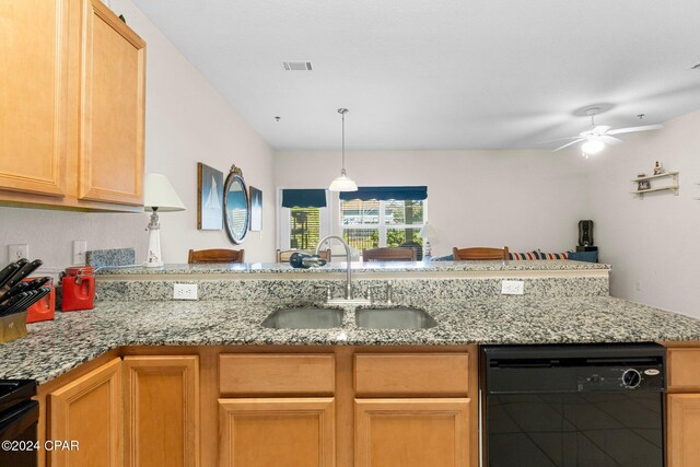 kitchen featuring black appliances, sink, ceiling fan, light stone countertops, and kitchen peninsula