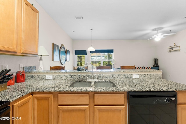 kitchen with black dishwasher, visible vents, a sink, light stone countertops, and a peninsula