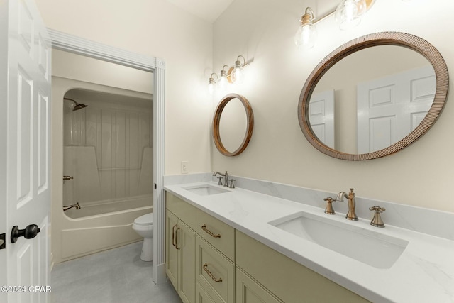 full bathroom featuring vanity, tiled shower / bath combo, and toilet