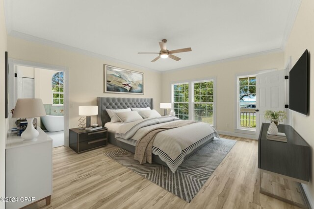 bedroom with ceiling fan, crown molding, and light wood-type flooring