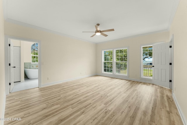 unfurnished room with ceiling fan, ornamental molding, and light wood-type flooring