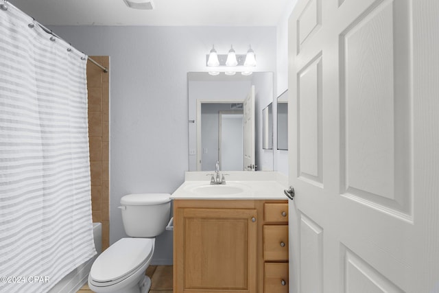 full bathroom with vanity, toilet, and shower / bathtub combination with curtain