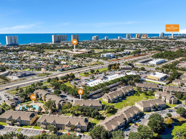 bird's eye view with a water view