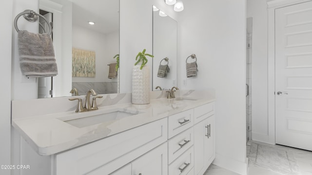 926 Crystal Bayou Blvd, Panama City Beach, FL 32407 - full bath with double vanity, marble finish floor, a stall shower, and a sink