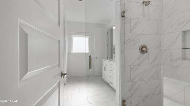 926 Crystal Bayou Blvd, Panama City Beach, FL 32407 - bathroom with a shower stall, vanity, and marble finish floor