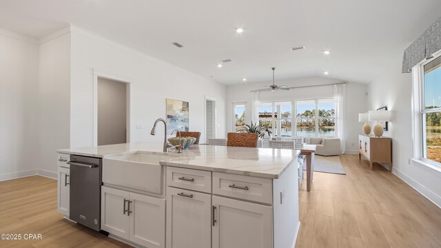 kitchen featuring sink, light hardwood / wood-style flooring, plenty of natural light, light stone countertops, and white cabinets