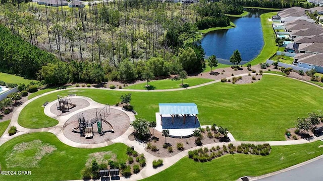 birds eye view of property featuring a water view