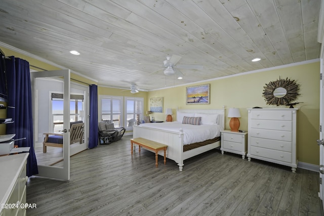 bedroom with ceiling fan, wood-type flooring, ornamental molding, and wooden ceiling