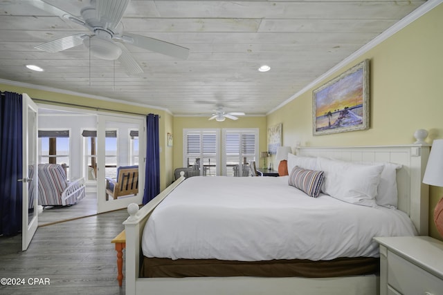 bedroom with hardwood / wood-style floors, wooden ceiling, ceiling fan, and ornamental molding