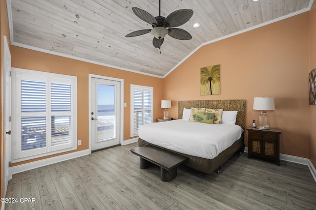 bedroom with access to exterior, ceiling fan, vaulted ceiling, wood ceiling, and hardwood / wood-style flooring