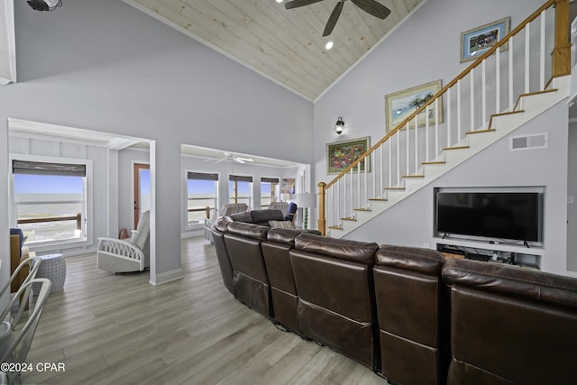 living room with hardwood / wood-style floors, ceiling fan, wooden ceiling, and high vaulted ceiling