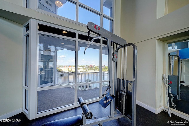 exercise room featuring a high ceiling