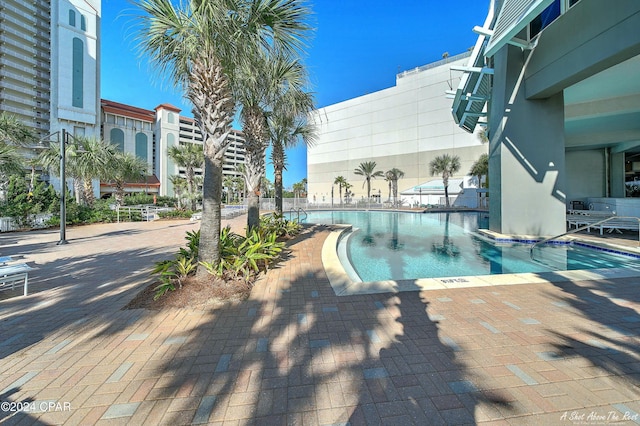 view of swimming pool with a patio area