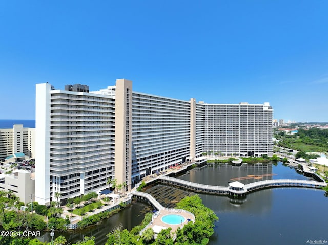 view of building exterior featuring a water view