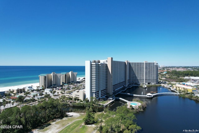 drone / aerial view with a water view