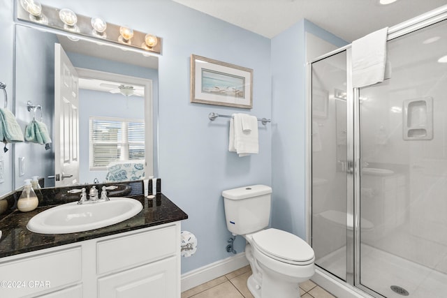 bathroom featuring tile patterned floors, walk in shower, vanity, ceiling fan, and toilet