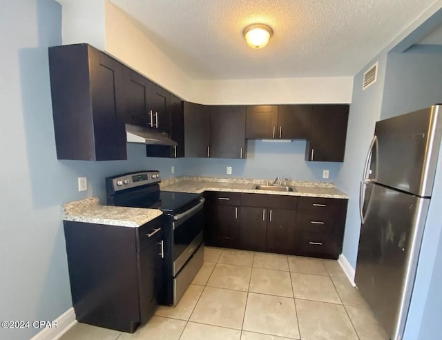 kitchen with a textured ceiling, dark brown cabinets, sink, and stainless steel appliances