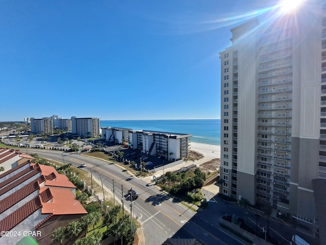 drone / aerial view with a water view and a view of the beach