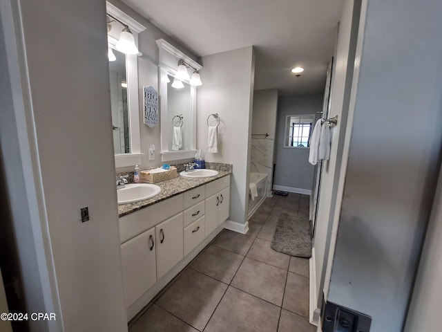 bathroom with tile patterned flooring, vanity, and shower / bathtub combination