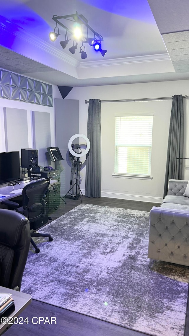 office space with dark hardwood / wood-style floors, a raised ceiling, and ornamental molding