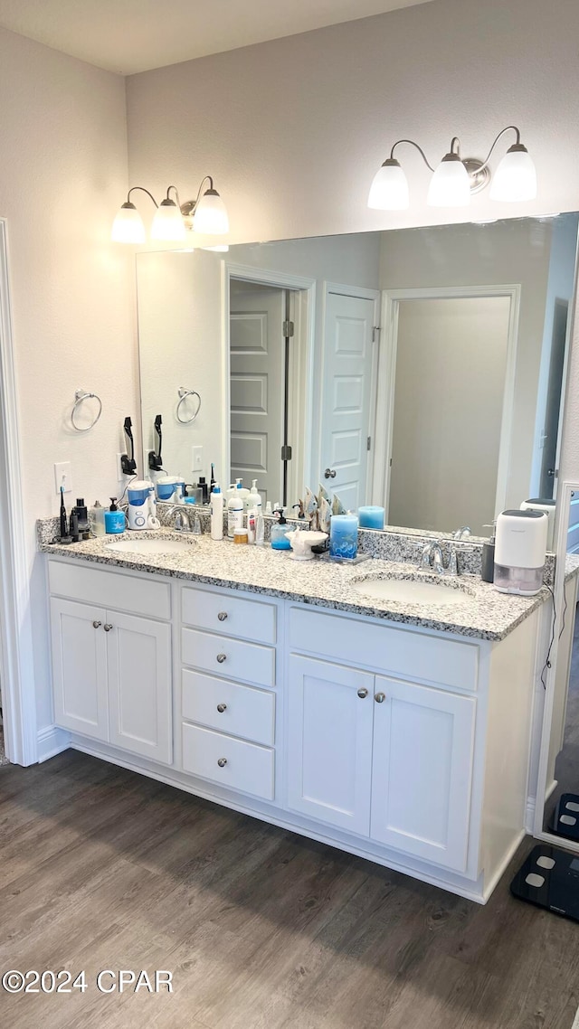 bathroom with vanity and hardwood / wood-style flooring