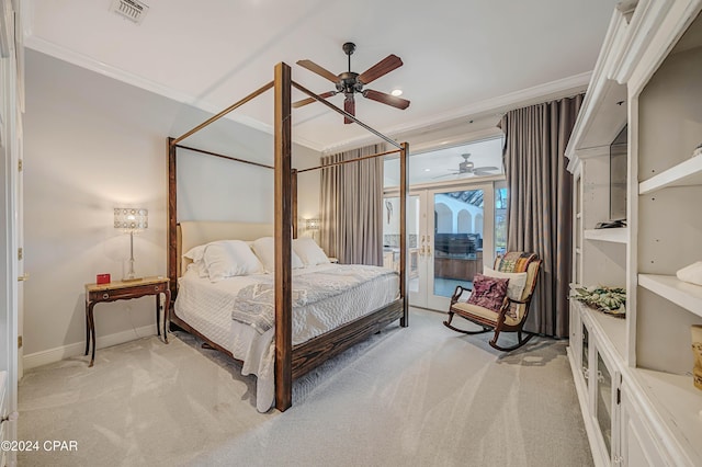 carpeted bedroom featuring crown molding, ceiling fan, and access to exterior