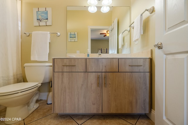 bathroom with tile patterned floors, ceiling fan, toilet, and vanity