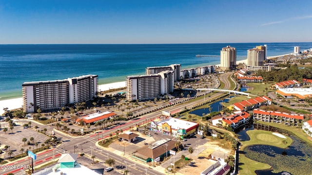 aerial view with a water view and a view of the beach