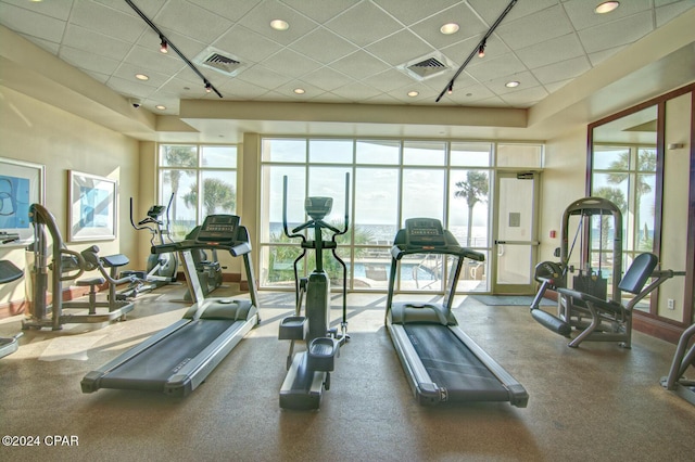 workout area with a healthy amount of sunlight and a drop ceiling