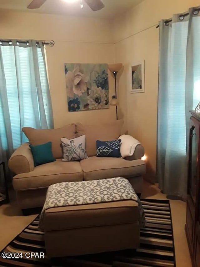 living room with ceiling fan and carpet floors