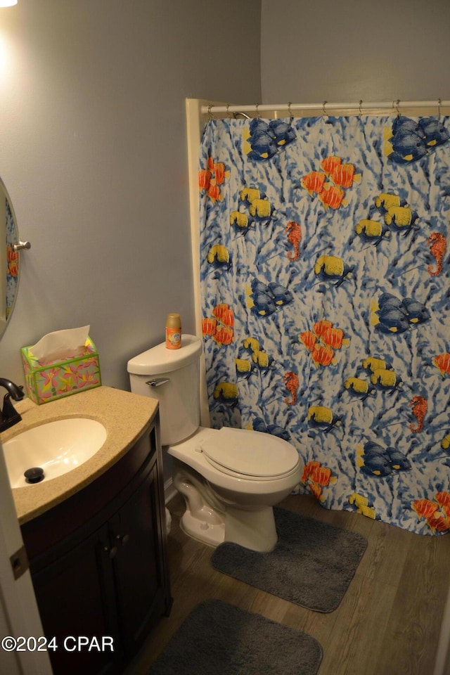 bathroom featuring wood-type flooring, toilet, and vanity